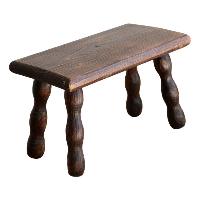 Vintage Rectangular Stool in Dark Wood with Turned Legs, 1970s For Sale