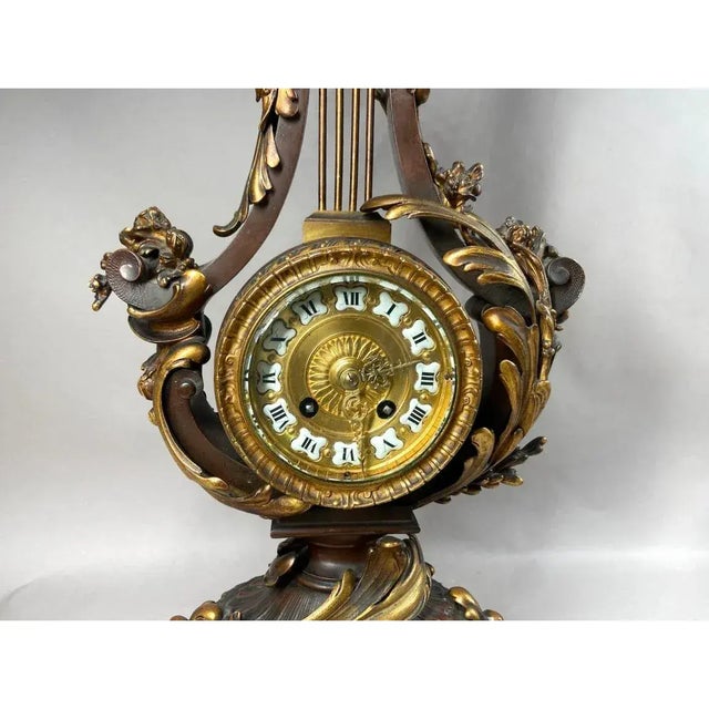 Metal 19th Century French Bronze Lyre Clock With Marble Base & Original Patina (1840-1860) For Sale - Image 7 of 12