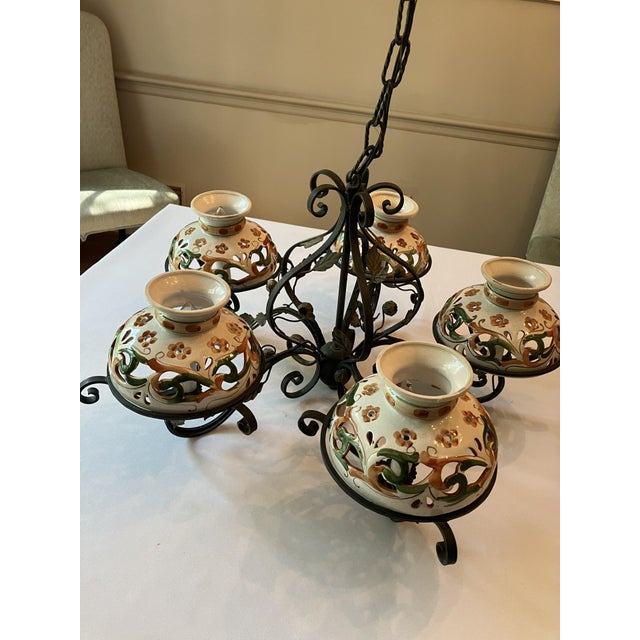 Wrought Iron Chandelier With Italianate Ceramic Candle Covers For Sale - Image 9 of 9