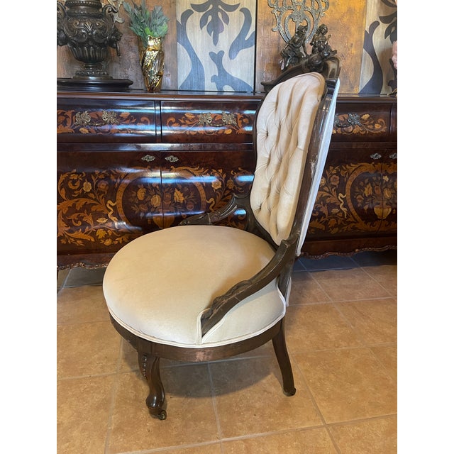 Victorian Revival Carved Wood & Tufted Upholstered Parlor Chairs – Pair For Sale - Image 11 of 12
