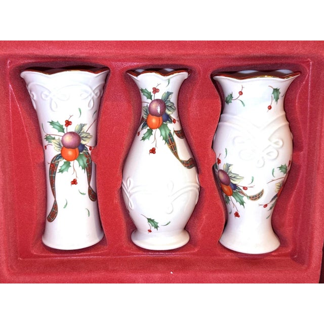 Holiday Tartan Collection by Lenox. Set of 3 bud vases, new in box. Vintage from the early 21st Century. The line was...
