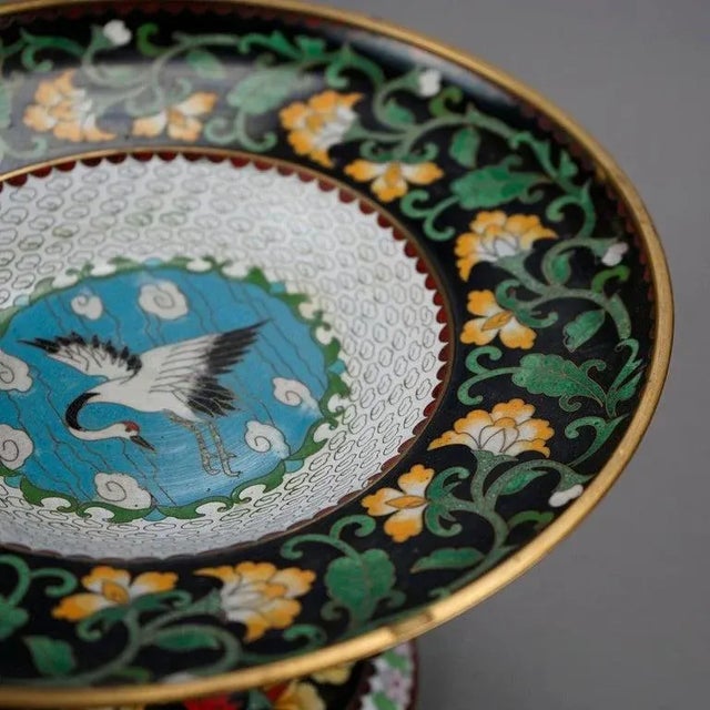 Metal Antique Chinese Cloisonné Enamel Decorated Swan Compote Circa 1930 For Sale - Image 7 of 13
