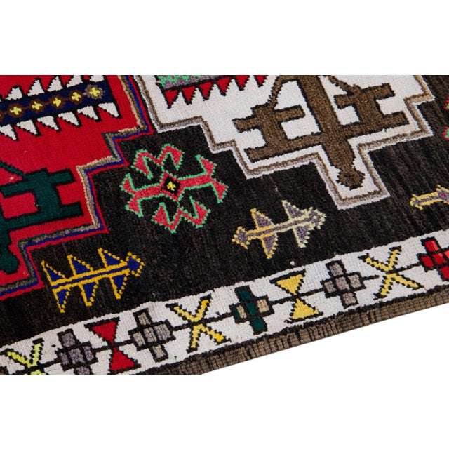 Textile Vintage Brown Turkish Handmade Multicolor Tribal Pattern Wool Runner For Sale - Image 7 of 11