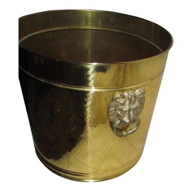 Vintage Huge Brass Planter / Pot With Brass Lion Head Handles 17 X 18 For Sale