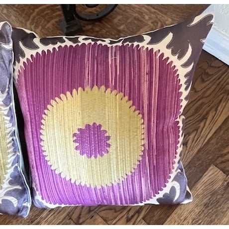 Rustic European Suzani Pillows With Donghia Fabric and Down Fills (Pair) For Sale - Image 3 of 9