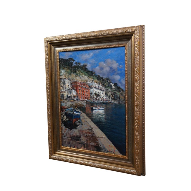 Nautical Andrea Patrisi Posillipo Naples Nautical Harbour Boat Oil Painting on Board 37" For Sale - Image 3 of 12