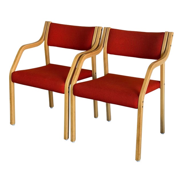Red Fabric Bentwood Armchairs Pair Scandinavian Mid-Century Modern 1970s For Sale
