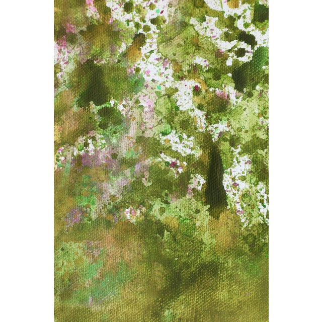 "View From Above / Magenta Tulips on Dark Green" Large Abstract Acrylic Painting by Simon Findlay For Sale - Image 4 of 8