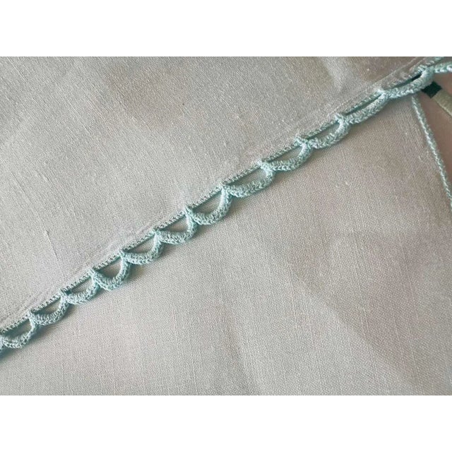 Vintage French Linen Guest Towel, Hand Crocheted Scalloped Edge Aqua Blue Linen, Drawn Thread Accent Band, Heirloom Linen Making 1930s 1940s For Sale - Image 4 of 9