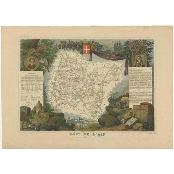 Antique map titled 'Dépt. de l'Ain'. Map of the French department of l'Ain, France. This area of France is known for its...