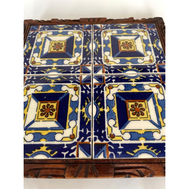 1950s Mexican Hand Carved Wood Frame Base Tile Trivet For Sale - Image 4 of 9