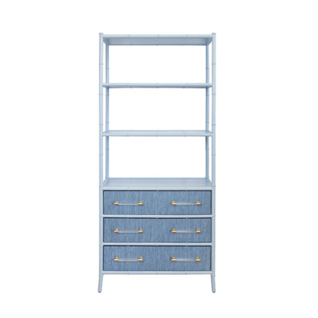 Matthew Izzo Home Flynn Light Blue Grasscloth and Matte Lacquer Bamboo Profile Three Drawer Open Shelf Etagere With Acrylic and Brass Bar Handles For Sale - Image 10 of 10