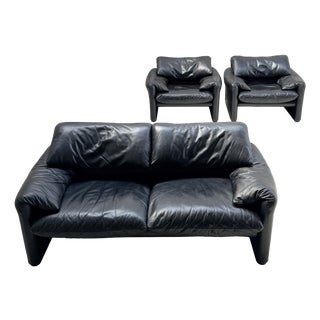 Early Edition Maralunga Sofa and Lounge Chairs by Vico Magistretti for Cassina, Italy, 1970s, Set of 3 For Sale