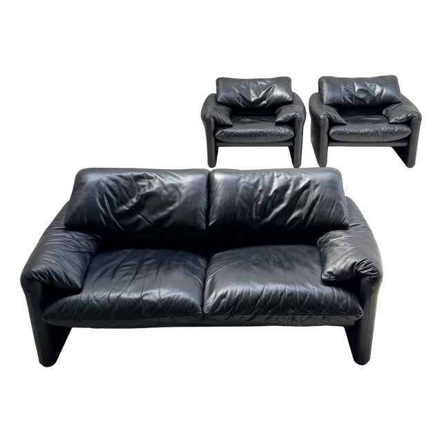 Early Edition Maralunga Sofa and Lounge Chairs by Vico Magistretti for Cassina, Italy, 1970s, Set of 3 For Sale