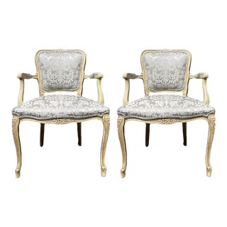 Late 19th Century Louis XIV Style French Painted Arm Chairs - Set of 2 For Sale
