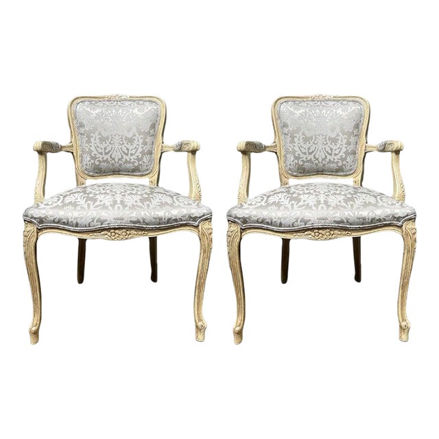 Late 19th Century Louis XIV Style French Painted Arm Chairs - Set of 2 For Sale