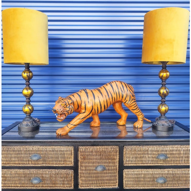 Vintage leather wrapped large decorative tiger statue. The tiger is just beautiful and the hand painted details are done...