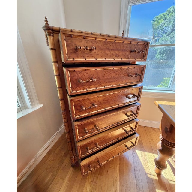 Wood Antique Bird’s-Eye Maple Faux Bamboo Six Drawer Chest of Drawers For Sale - Image 7 of 18