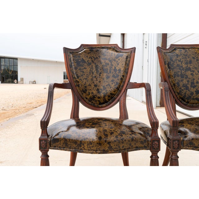 Early 20th Century Federal Style Shield Back Chairs With Faux Tortoise Leather Seats, Pair For Sale - Image 6 of 13