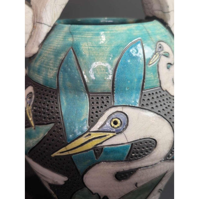 Ceramic Vintage Designer Raku Pottery Vase With Birds For Sale - Image 7 of 11