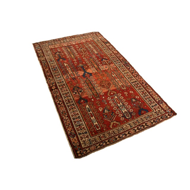 Hand knotted in wool originating from Russia between 1910-1920, this antique Kuba rug enjoys rarity in both the colorway...