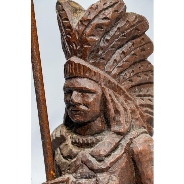 Native American Solid Wood Carved Antique Native American Indian Chief Statue Sculpture Western Home Decor For Sale - Image 3 of 12