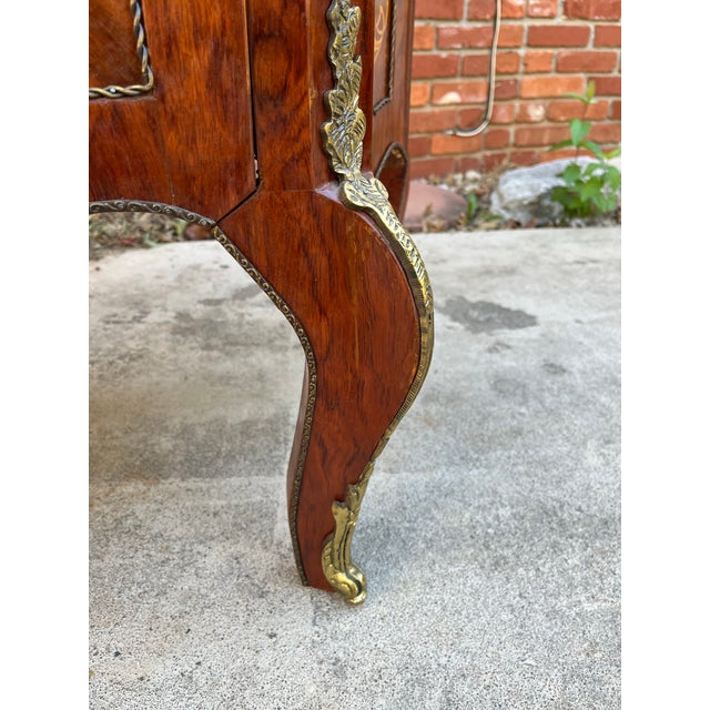 Louis XV Marquetry Cabinet Chest of Drawers With Brass Ormolu- Green Marble Top For Sale - Image 4 of 12