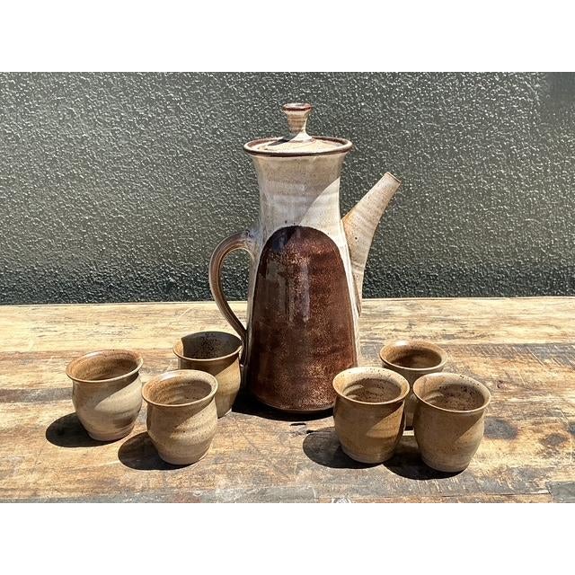 Late 20th Century Vintage Original Studio Pottery Tall Teapot With Cups For Sale - Image 5 of 12