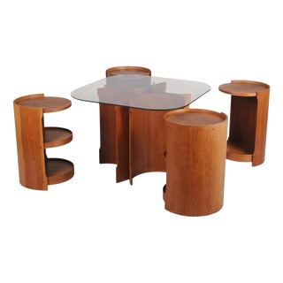 Mid-Century Modern Nesting Tables in Oak and Smoked Glass, Czech, 1960s, Set of 5 For Sale