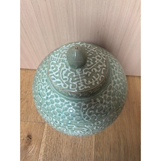 Chinese Ceramic Pot Longquan Ware Celadon Lid Jar Hand Carved Flowers Pattern For Sale - Image 10 of 11