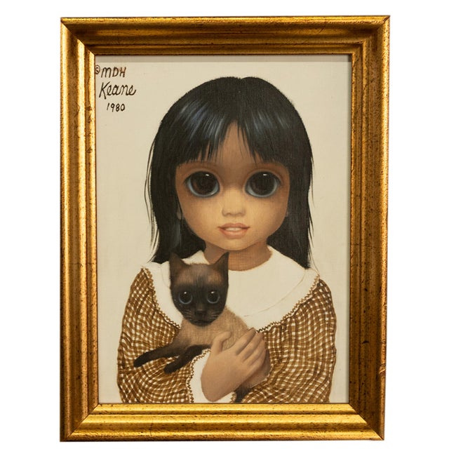 An original and authentic oil on panel portrait painting of a beautiful young girl and her cat by American artist Margaret...