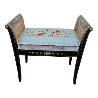 1950s Hickory Neoclassical Black and Gold Cane Bench For Sale