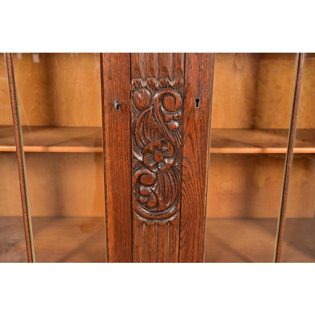 Antique English Art Deco Carved Oak Bookcase or Display Cabinet, Circa 1930s For Sale In South Bend - Image 6 of 13