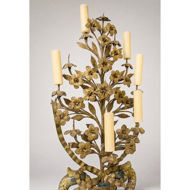 Monumental Italian Giltwood & Polychrome Dolphin and Floral Tole Candelabra For Sale - Image 9 of 9