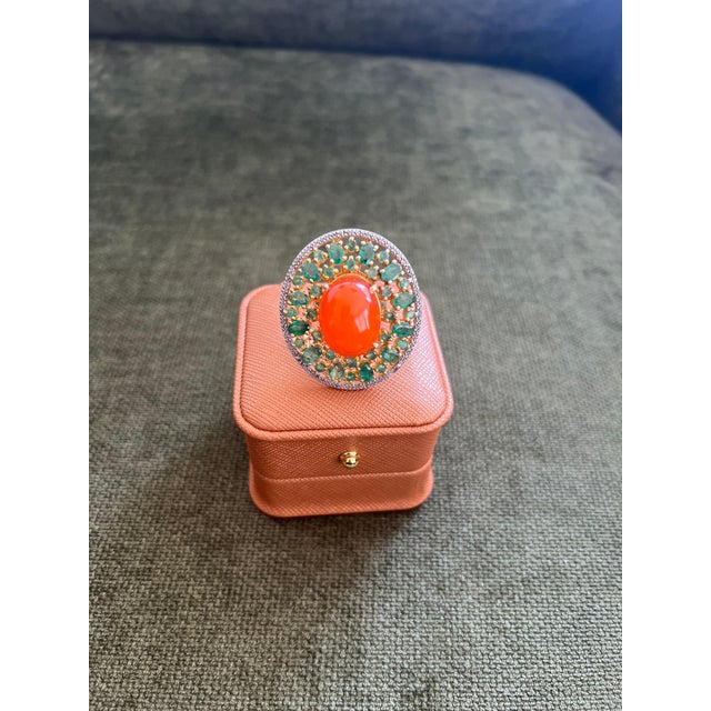 Bochic "Orient" Vintage Diamonds, Emeralds & Orange Opal Ring Set In 18K Gold & Silver Natural Center Orange Opal 9.00...