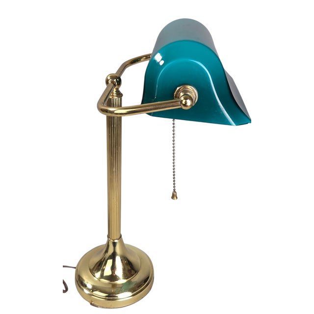1970s Mid-Century Modern Art Deco Brass and Teal Glass Banker's Desk Lamp For Sale In Chicago - Image 6 of 18