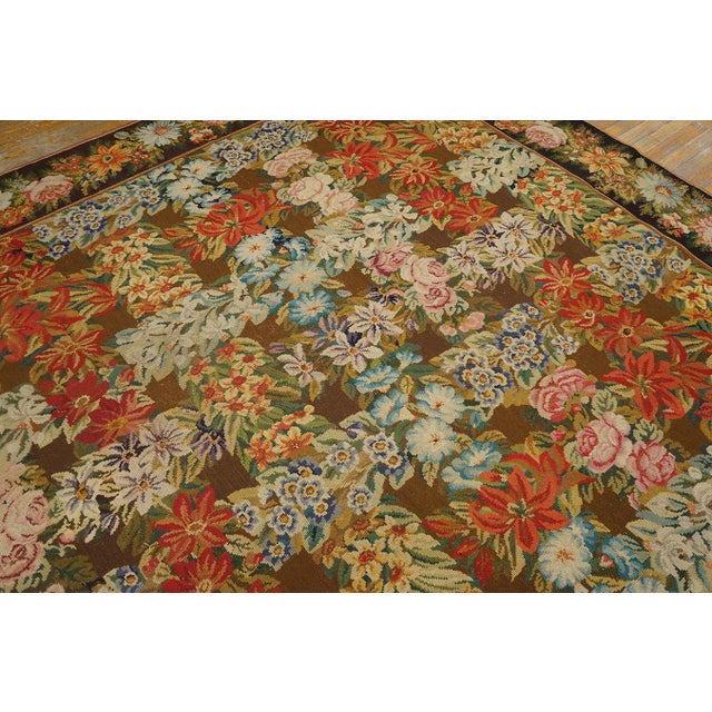 1860s Green Olive Floral Antique English Needlepoint Rug 8'6" X 9'8" Flatweave Wool Carpet For Sale - Image 4 of 10
