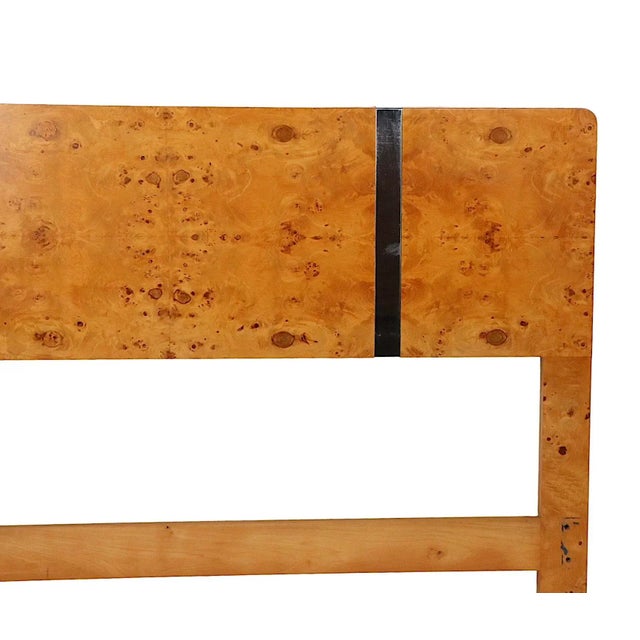 Groovy 1970's full size headboard constructed of vibrant olive wood burl with bright chrome banding. The headboard is...