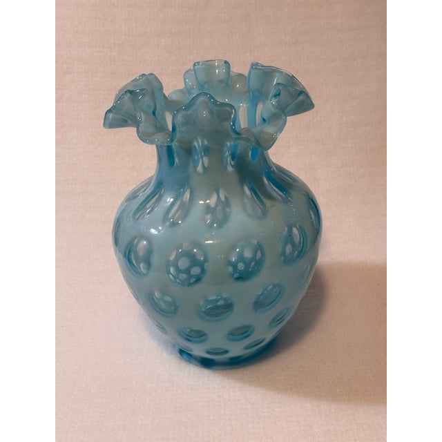 1940s 1940s Fenton Blue Opalescent Coin Dot Vase 8.5” For Sale - Image 5 of 7