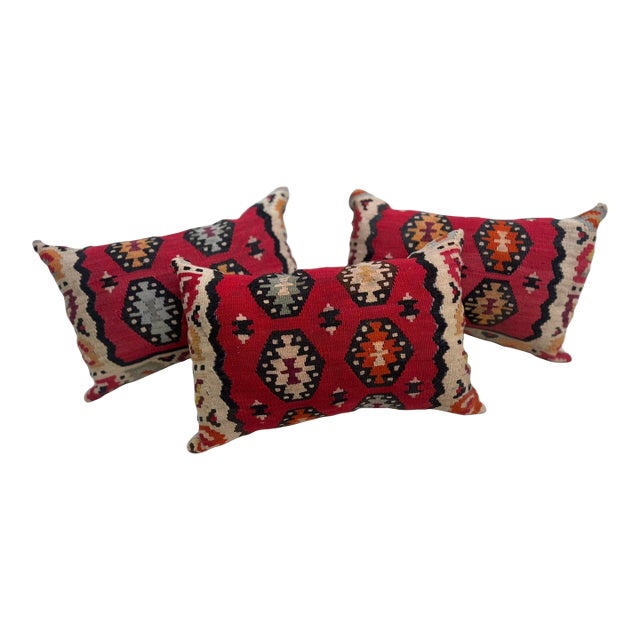 Three Pillows Upholstered With Kilim Weave For Sale