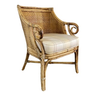 Vintage Wicker Henry Link Arm Chair W/ Upholstered Cushion For Sale