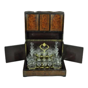 Antique French Brass Inlay Tantalus Box Cordial Decanter Set Liquor Cabinet- 21 Pieces