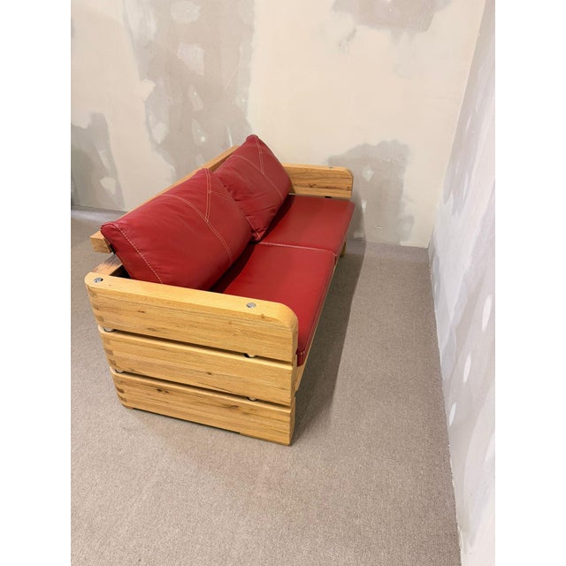 Wood and Red Leather Sofa from Sprenger Möbel, Switzerland, 2000s For Sale - Image 3 of 18