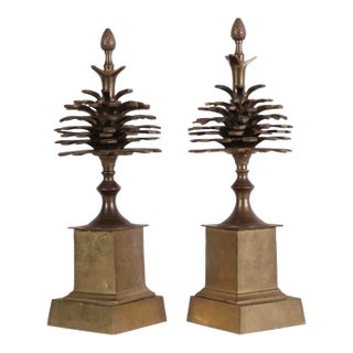 A Pair of Maison Charles Style Vintage Brass Pinecone Garnitures For Sale