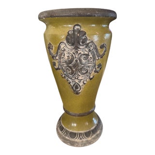 Vintage Olive Green Glazed Heavy Clay Floor Urn Vase With Raised Baroque Medallions – 15”h For Sale