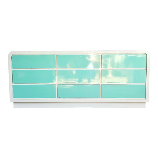 Postmodern White and Turquoise Lacquer Laminate Waterfall Dresser For Sale