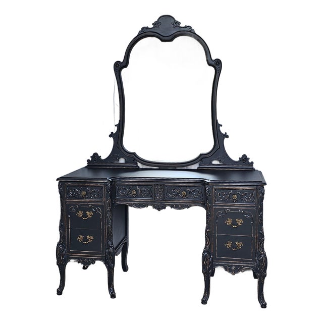 Black Vanity With Chair, 1930s Parisian, Romantic Style For Sale