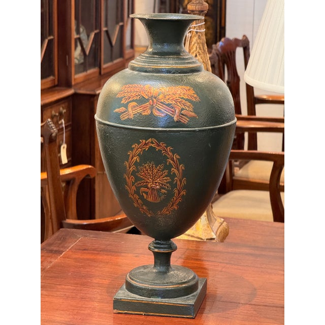 Pair of Neoclassical Tole Urns For Sale - Image 6 of 11