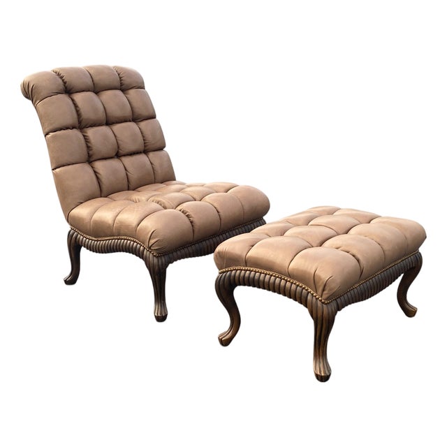 Late 20th Century Tufted Cognac Leather Lounge Chair and Ottoman by Century - Hickory, North Carolina For Sale