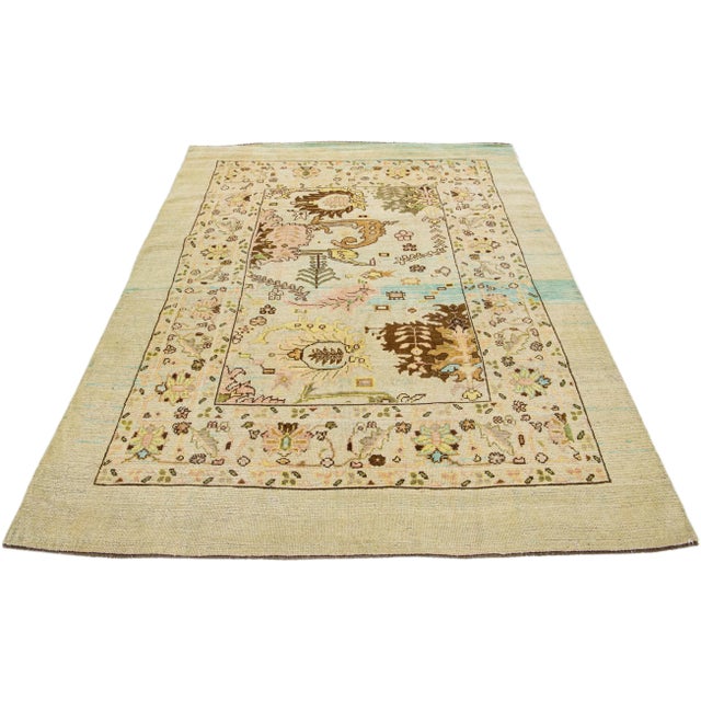 Mid-Century Modern Mid-Century Transitional Style Handmade Floral Motif Beige Wool Rug For Sale - Image 3 of 8